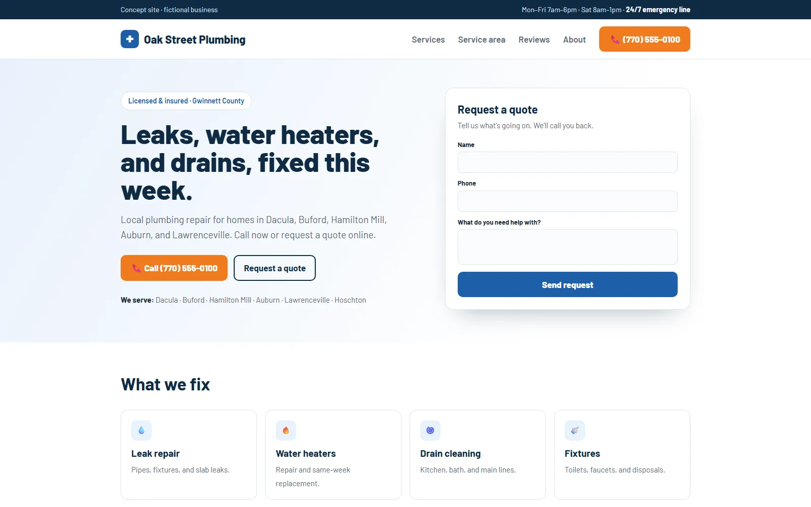 Concept homepage for a fictional plumber with a call button, towns served, and a quote form