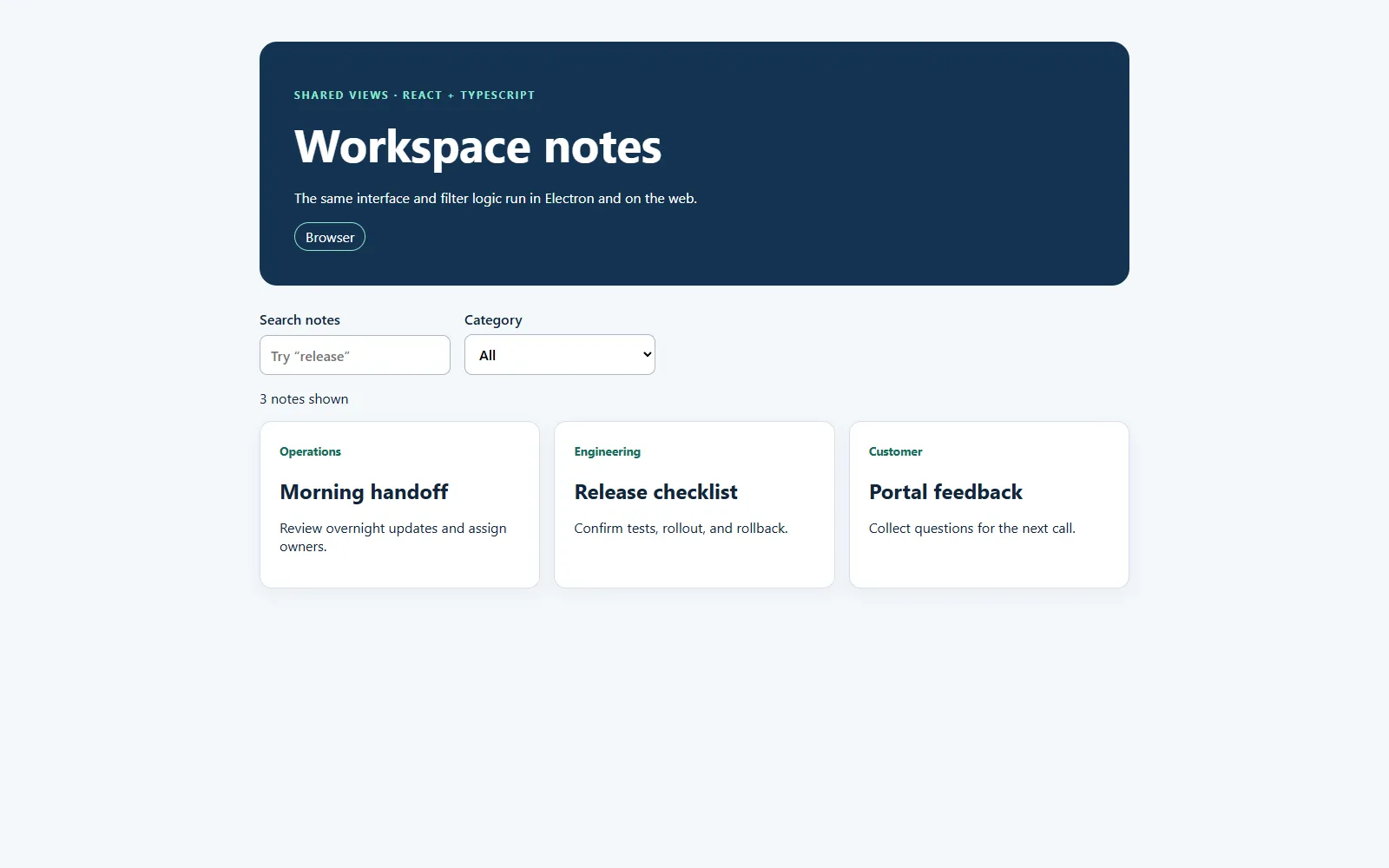 Workspace notes app with search, a category filter, and three note cards