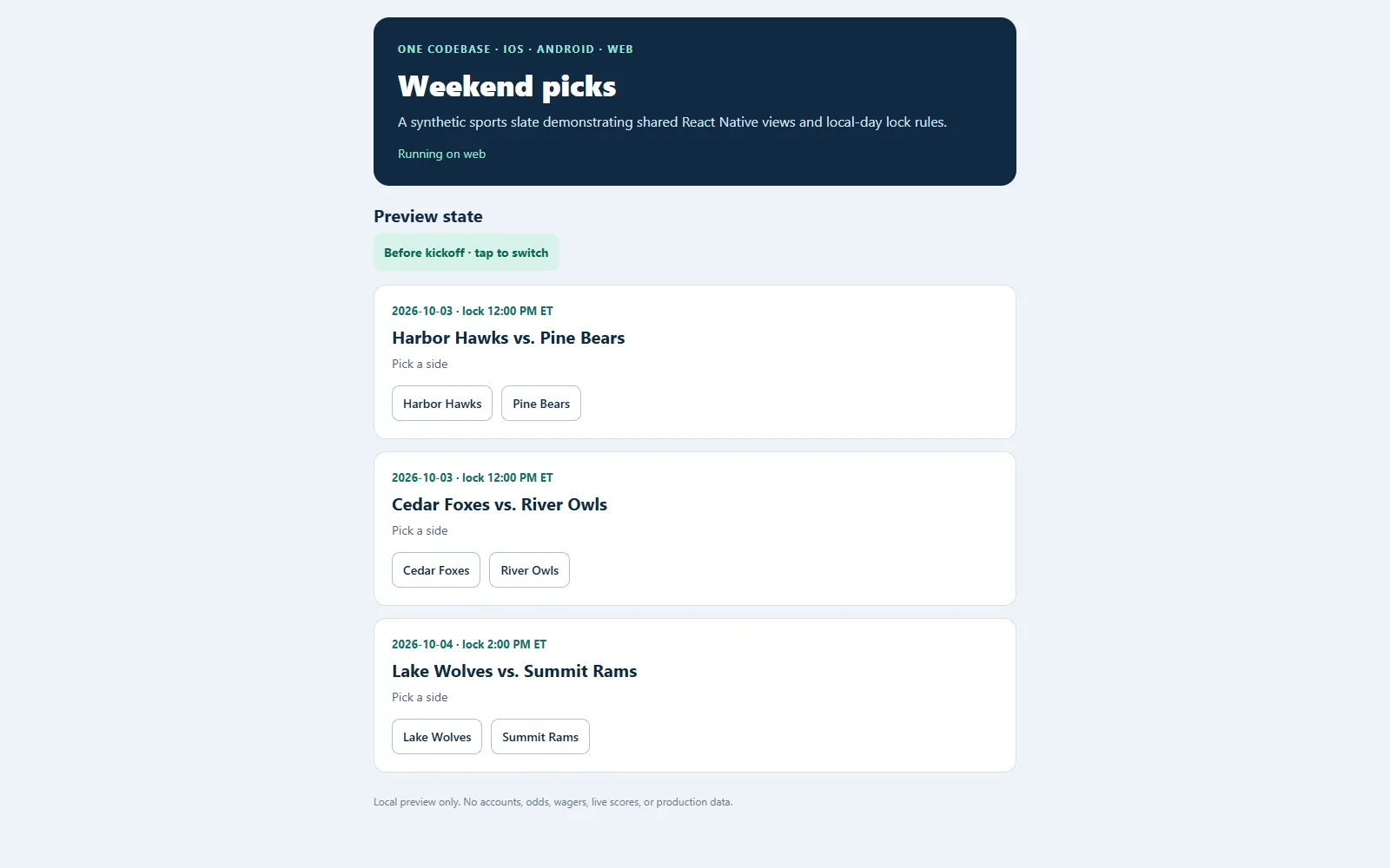 Weekend picks web app listing three fictional matchups with team buttons