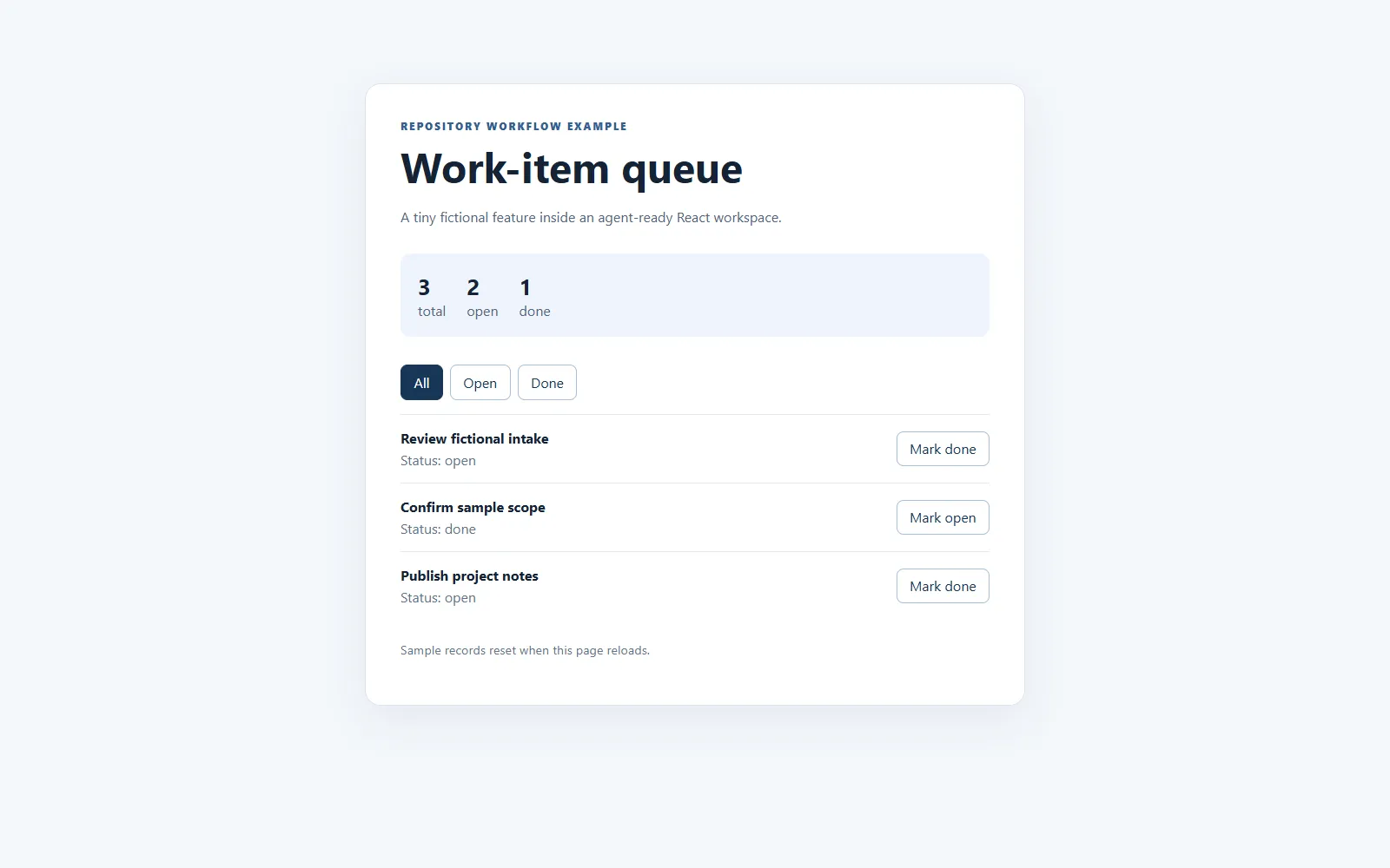 Work-item queue with totals, filters, and three fictional items
